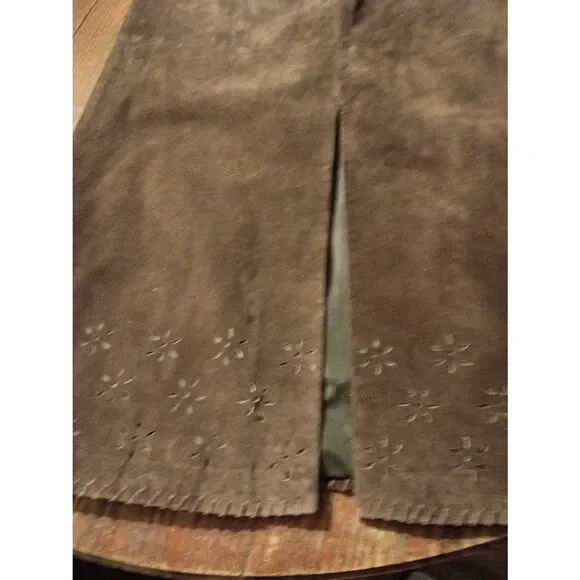 Vintage Sz 6 Margaret Godfrey Brown Suede Leather Maxi Skirt Flower Cut Out Hem - Picture 7 of 8